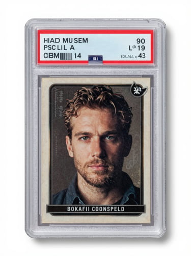Extreme close-up front face of a graded trading card in a sealed holder under flat studio strobe light, visible corner rounding and edge nicks, surface creasing detectable, shadowless white background, label showing grade 4