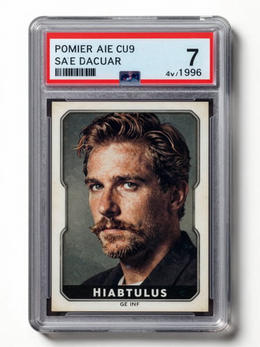 Extreme close-up front face of a graded trading card in a sealed holder under flat studio strobe light, minor corner fraying visible under magnification, slight surface wear, shadowless white background, label showing grade 7