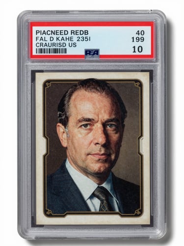 Extreme close-up front face of a graded trading card in a sealed holder under flat studio strobe light, card surface flawless, no visible corner wear or surface marks, shadowless white background, label showing grade 10