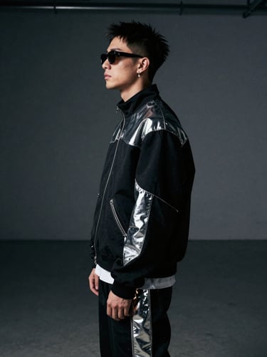 A portrait of a musician in profile, wearing high-fashion chrome-accented streetwear. The setting is a minimalist, dark gray industrial space in North America with cinematic lighting.