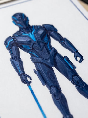 A macro photograph of a high-quality print of a character design in a North American / US studio. The print features crisp lines and a palette of dark navy blue and sky blue.
