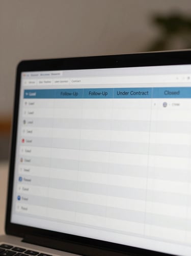 Close-up of a clean CRM deal pipeline dashboard on a laptop screen, organized status columns showing Lead, Follow-Up, Under Contract, and Closed stages, crisp neutral studio lighting, screen fills the right edge of frame