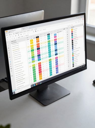 Wide desk shot from above-right angle, a large monitor displaying a clean real estate deal pipeline with color-coded lead status columns, minimal clutter, neutral daylight from a side window, close-up of organized interface columns