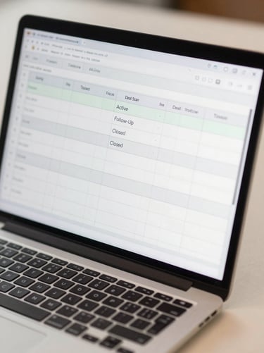 Close-up overhead shot of a laptop screen showing a spreadsheet with clearly labeled deal status columns — Active, Follow-Up, Closed — minimal desk surface visible, clean studio daylight, no clutter, sharp interface detail
