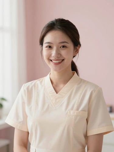 Portrait of a smiling young female therapist in a soft cream uniform, warm diffused light, clean and elegant background, 35mm photography