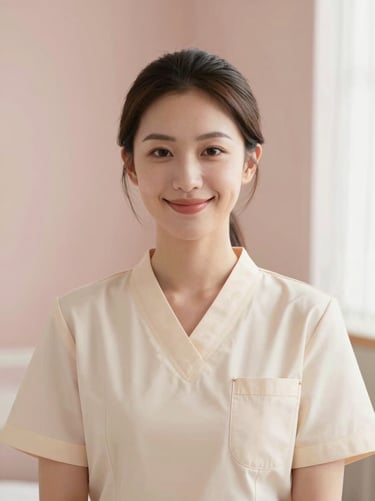 Portrait of a serene female aesthetician in a soft cream uniform, warm natural lighting, minimalist background, professional and welcoming smile, 35mm photography