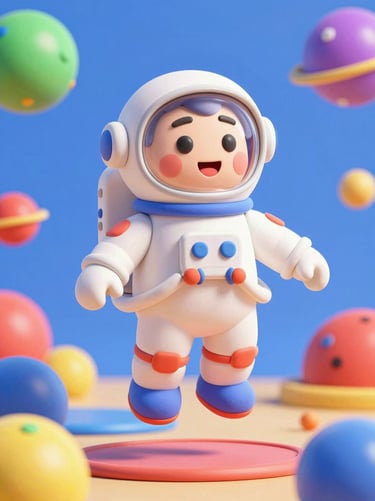 Vibrant 3D digital animation style render of a goofy claymation astronaut floating in a colorful cosmic playground, bright high-key lighting, playful cartoon art