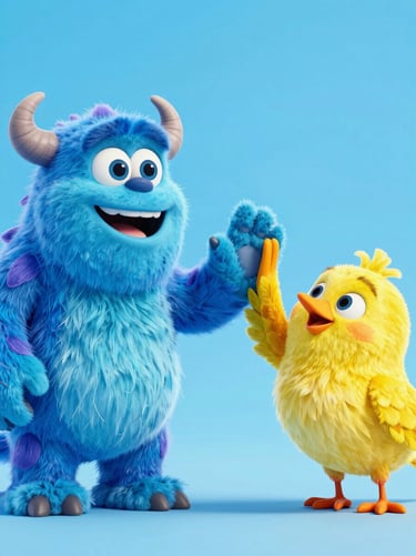 Vibrant 3D digital animation style character art of a playful blue monster and a sunny yellow bird high-fiving, bright high-key lighting, crisp clean render