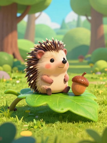 Vibrant 3D digital animation style render of a tiny hedgehog and a little acorn character sitting on a giant green leaf in a sunny forest, bright high-key lighting