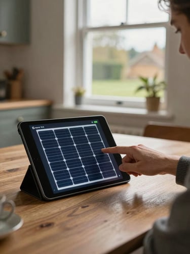 Close-up of a homeowner's hand pointing at a solar monitoring dashboard on a tablet, sitting at a kitchen table in a UK terraced house, natural overcast daylight through the window, warm interior tones
