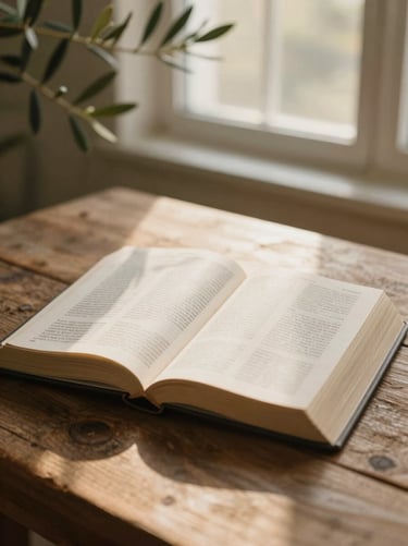 An open Bible on a rustic wooden table, soft morning light filtering through olive branches, quiet atmosphere