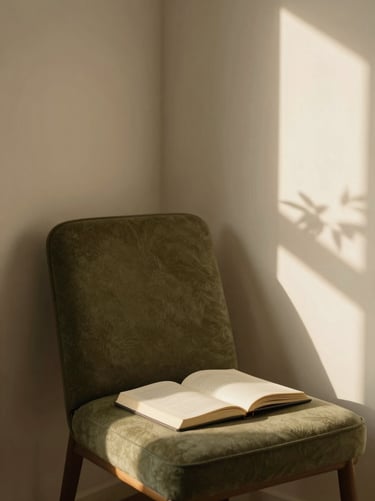 A quiet room corner with a comfortable chair, a journal, and soft sunlight casting leaf shadows on the wall