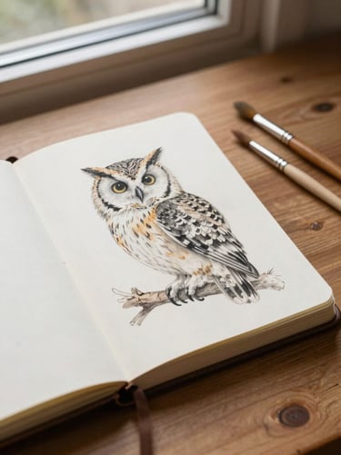 An open sketchbook showing a delicate pencil and watercolor drawing of an owl perched on a branch, surrounded by paintbrushes on a wooden table