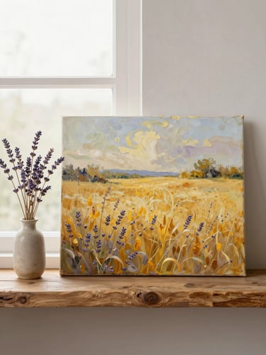 A plein air landscape oil painting of a golden field propped on a rustic oak shelf next to a small vase of dried lavender, soft diffused light