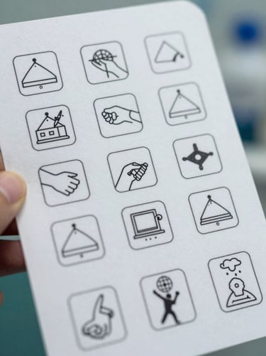 Technical line drawing of a medical instruction card, clean black lines on a sterile white background, flat layout, clinical step icons.