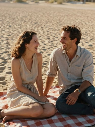 A couple laughing genuinely on an outdoor picnic blanket, sun-drenched afternoon light, authentic emotion, 35mm film.