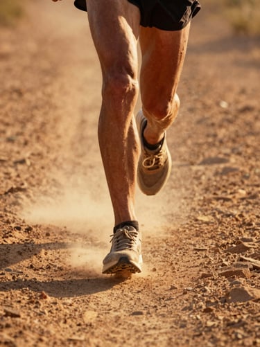 Cinematic close-up of a runner's legs mid-stride on a dusty trail, warm low-angle golden hour sunlight, high texture detail, 35mm film.