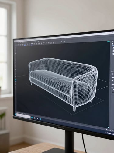 Close-up of a digital screen showing a complex technical 3D wireframe model of furniture, placed in a modern studio environment with natural light and off-white walls. Professional and precise mood.