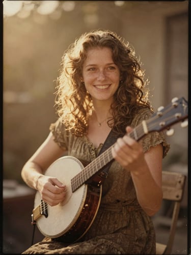 Environmental portrait of Clara playing a vintage banjo, smiling, warm golden sunlight, soft depth of field.