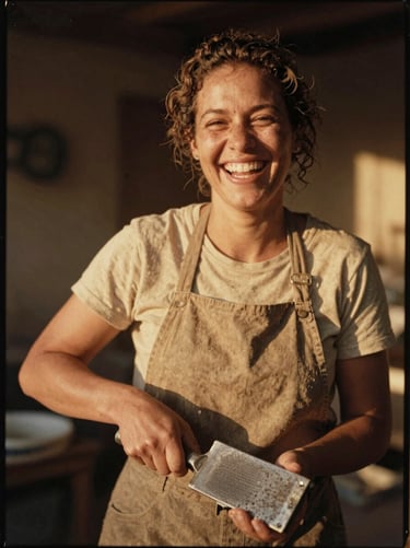 Environmental portrait of Maeve scraping a steel washboard, laughing candidly, warm golden-hour light, 35mm film grain.