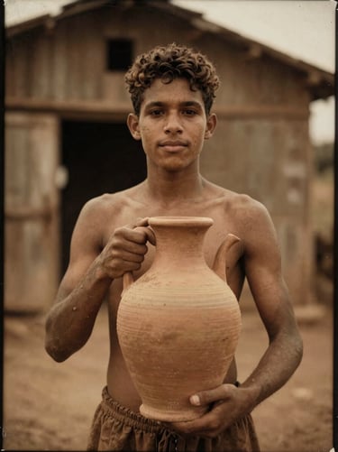 Environmental portrait of Silas holding a large clay jug, warm amber lighting, dusty vintage barn background, tintype style.