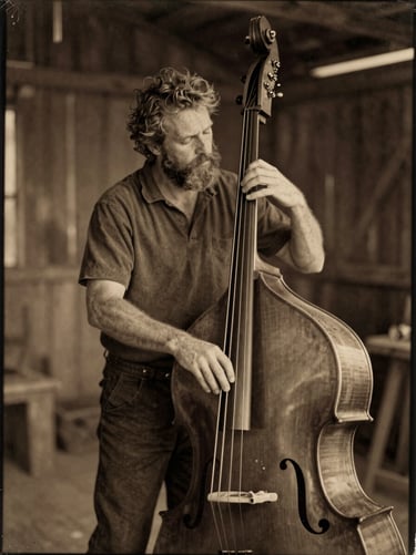 Environmental portrait of Rufus plucking a single-string tub bass, warm sepia tones, dusty barn interior.