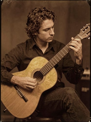 Environmental portrait of Virgil sliding a brass slide on a resonator guitar, warm amber stage lighting.