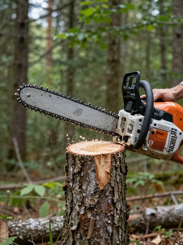 Close-up of a clean chainsaw cut on a thick tree limb, sawdust flying, natural morning light, 35mm