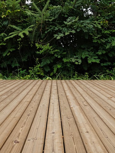 crisp timber decking lines under natural overcast daylight, deep forest green foliage in background