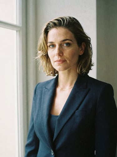 Editorial film portrait of Sarah Leitzke, professional attire, soft natural window light, muted navy tones, shallow depth of field, 35mm