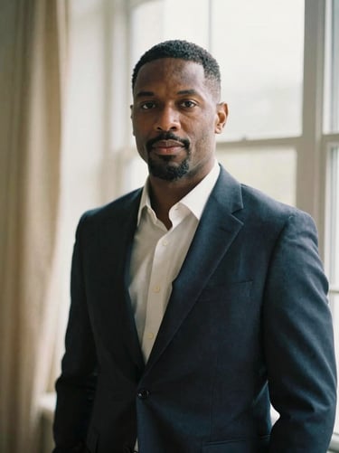 Editorial film portrait of Marcus Vance, professional attire, soft natural window light, muted gold tones, shallow depth of field, 35mm