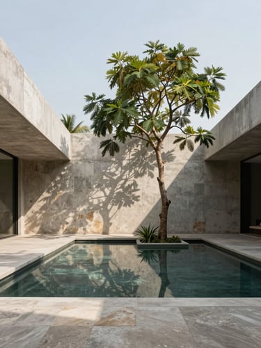Minimalist concrete courtyard with a single native tree, soft monsoon light, reflecting pool.