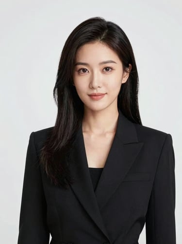 Professional portrait of a female hair design instructor in clean black attire, bright studio lighting, sharp focus