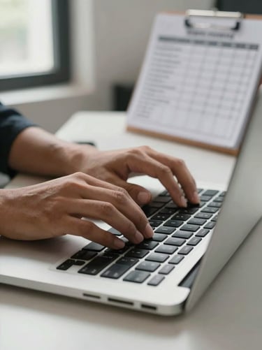 Close-up of hands typing on a laptop keyboard on a clean desk in a small Indonesian retail office, natural window light from the left, a printed schedule visible in the background, honest functional lighting