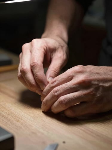 A tight, character-focused close-up of a craftsman's hands under a sharp spotlight, deep shadows, dark studio setting.
