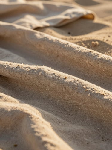 Macro close-up of a textured linen beach cover-up in warm sand tones, soft golden hour sunlight creating dappled shadows, elegant and minimalist.