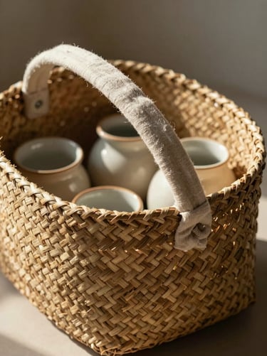 Handmade woven straw basket filled with artisanal ceramics and a linen ribbon, shot in warm natural light with soft shadows, organic textures.