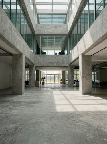 Wide angle interior of a modern office atrium in Gurugram, diffuse natural daylighting illuminating concrete floors and structural pillars, 24mm.