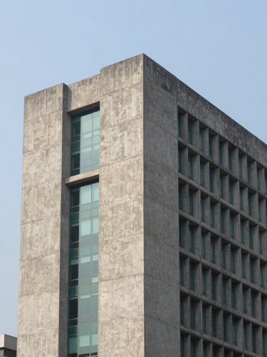 Architectural elevation of a brutalist-inspired concrete corporate building in Delhi, sharp shadows accentuating the thermal envelope, 24mm.