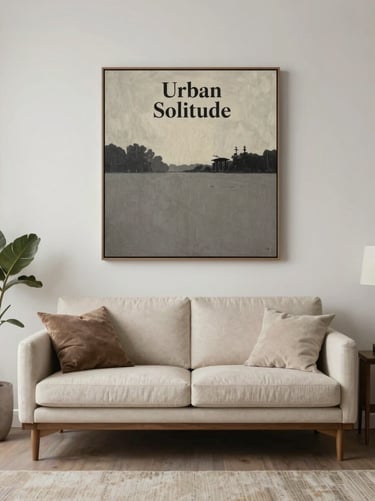 A minimalist North American living room featuring the 'Urban Solitude' painting as a focal point above a mid-century modern sofa. The room is decorated in a sophisticated palette of cream and grey-taupe.
