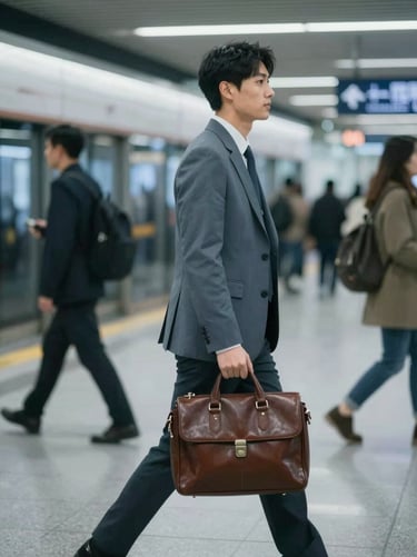 A professional journalist walking through a busy urban transit station with a leather satchel, captured in a moment of motion. The lighting is cool and clean, symbolizing the search for truth in everyday life. Dominated by #607D8B.