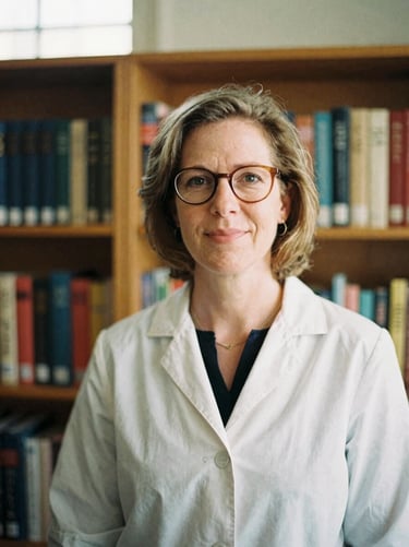 Candid portrait of Dr. Eleanor Vance with glasses in front of wooden bookshelves, warm natural lighting, shallow depth of field, 35mm film aesthetic