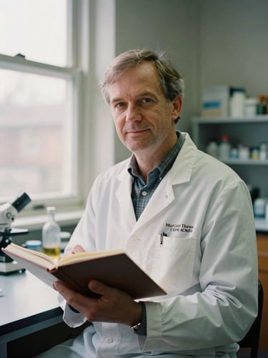 Candid portrait of Dr. Marcus Thorne in a cozy laboratory holding a notebook, soft window light, 35mm film aesthetic