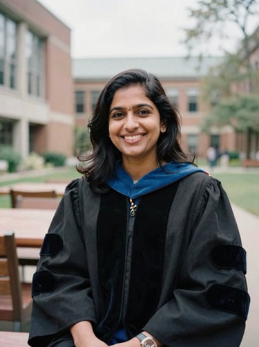 Candid portrait of Dr. Saffron Patel smiling warmly while sitting in a campus library courtyard, soft overcast daylight, 35mm film aesthetic