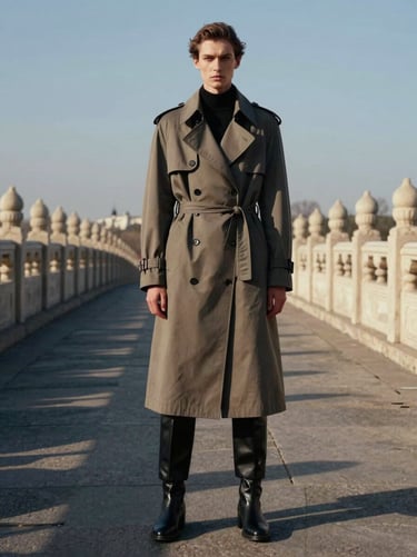High-concept editorial fashion shot, a model in a structured trench coat standing on a historic stone bridge, dramatic late-afternoon shadows, high contrast, portrait aspect