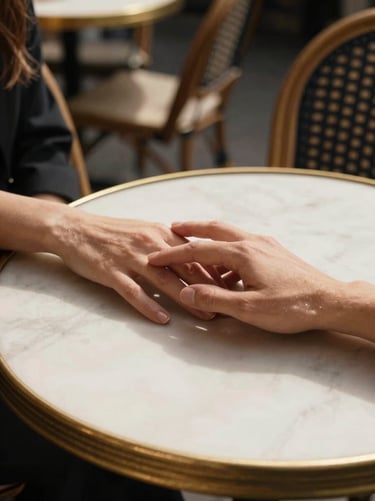 Intimate close-up of hands touching gently on a Parisian cafe table, soft afternoon shadows, warm vintage tones, portrait aspect