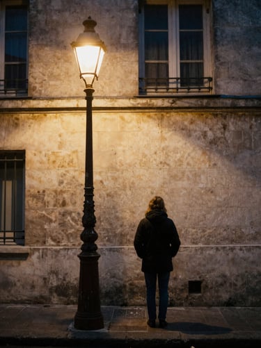 A solitary figure under a streetlamp in Montmartre, heavy film grain, deep shadows, warm cinematic light.