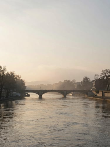 Morning mist over the Seine river, the silhouette of a bridge in the distance, soft vintage tones.