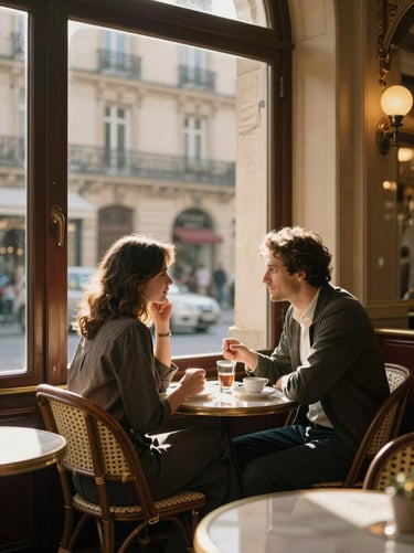 A couple sharing a quiet moment inside a classic Parisian cafe, golden afternoon light cutting through the window.
