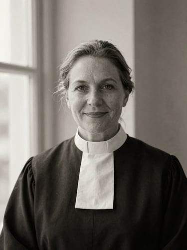 Quiet black and white portrait of a female pastor with a warm expression, soft natural window light, minimalist background